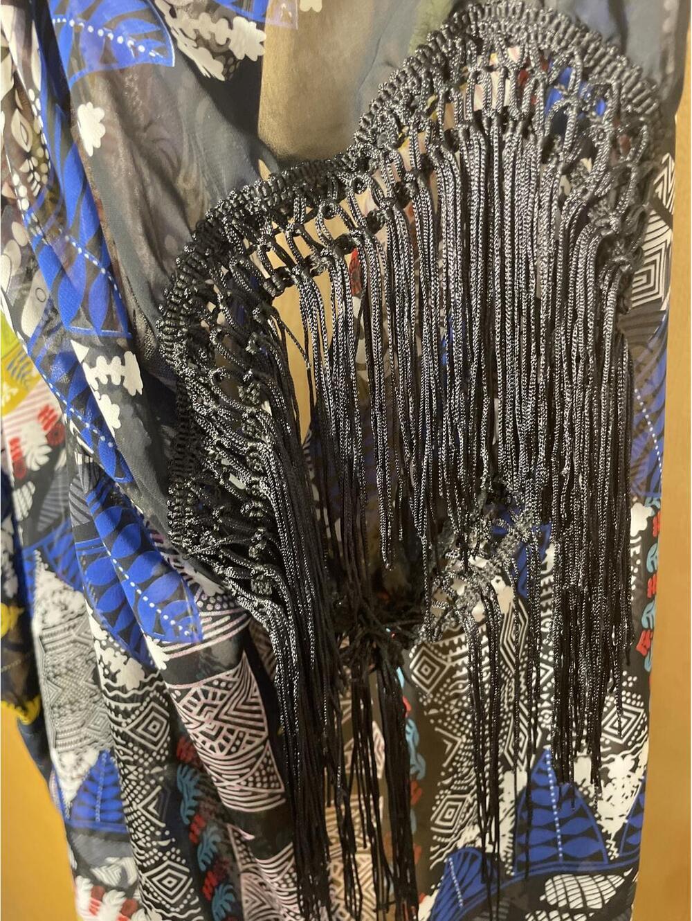 Kimono Robe Midi Women's Size OS Black Blue Fringe Boho Festival - Picture 5 of 7